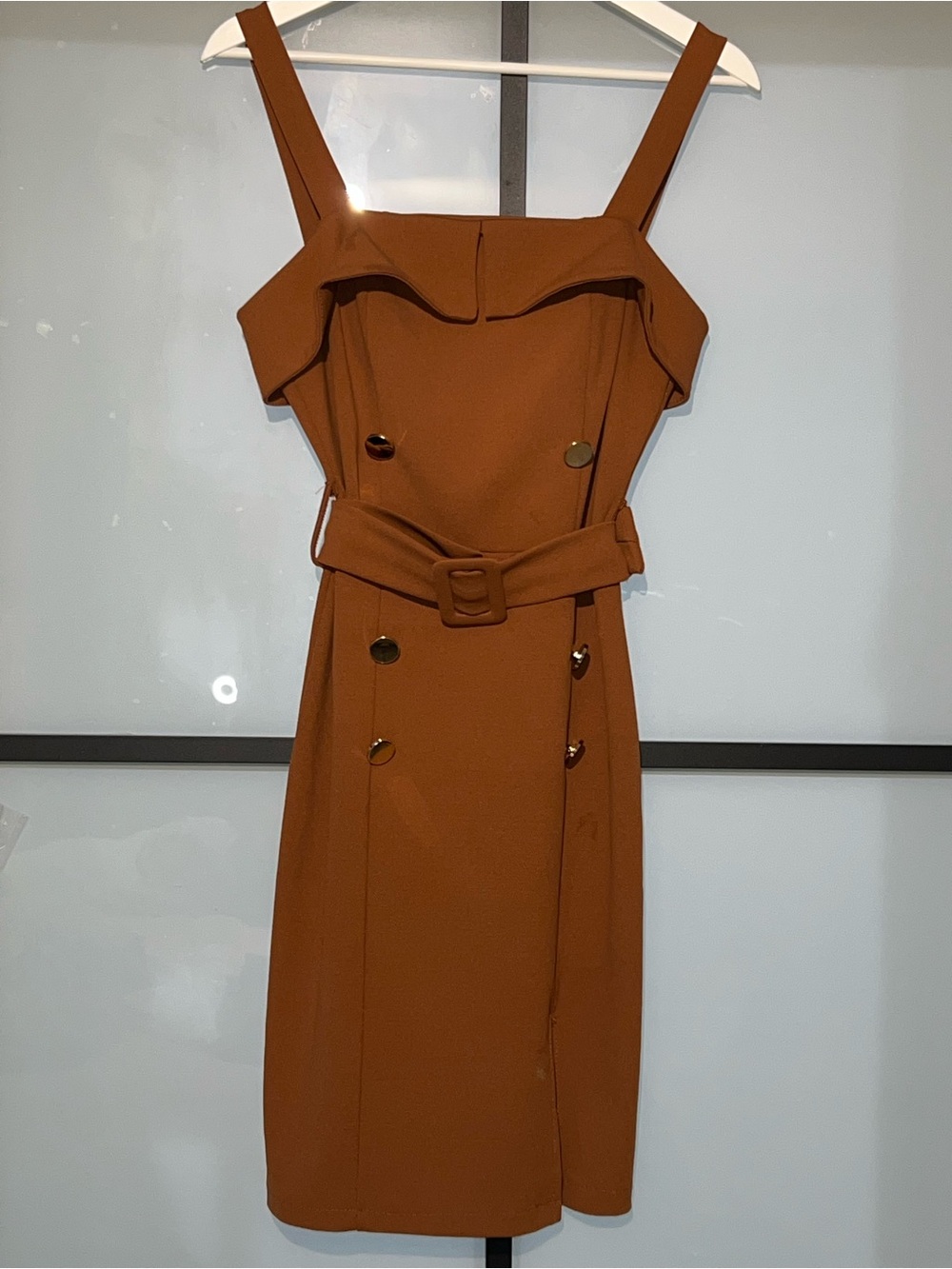 Made in Italy Cognac Brown Belted Dress Gold Buttons Ruffle Neckline